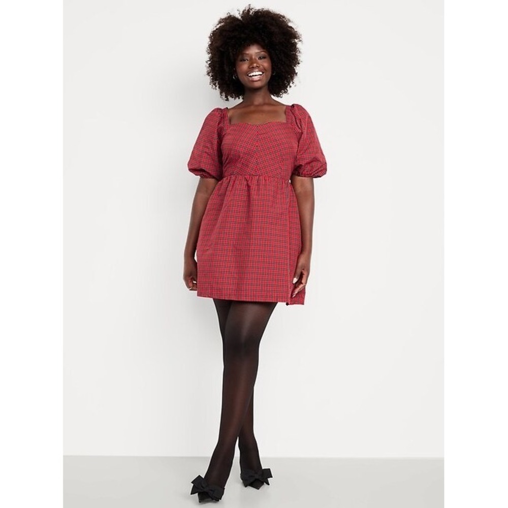 Old Navy Red Plaid Puff Sleeve Fit & Flare Taffeta Mini Dress 2X